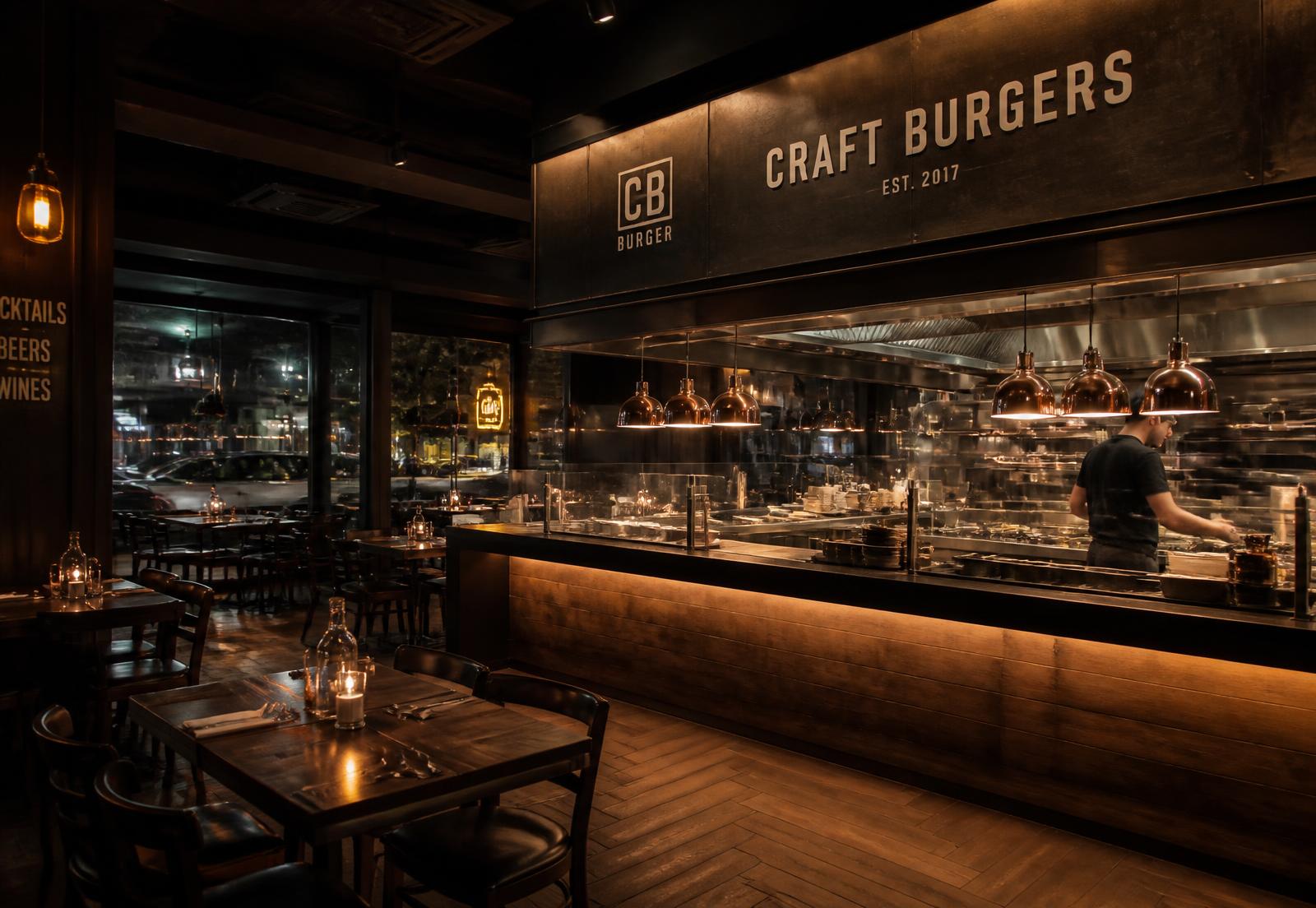 Salão e cozinha aberta da hamburgueria Brasa 77 à noite