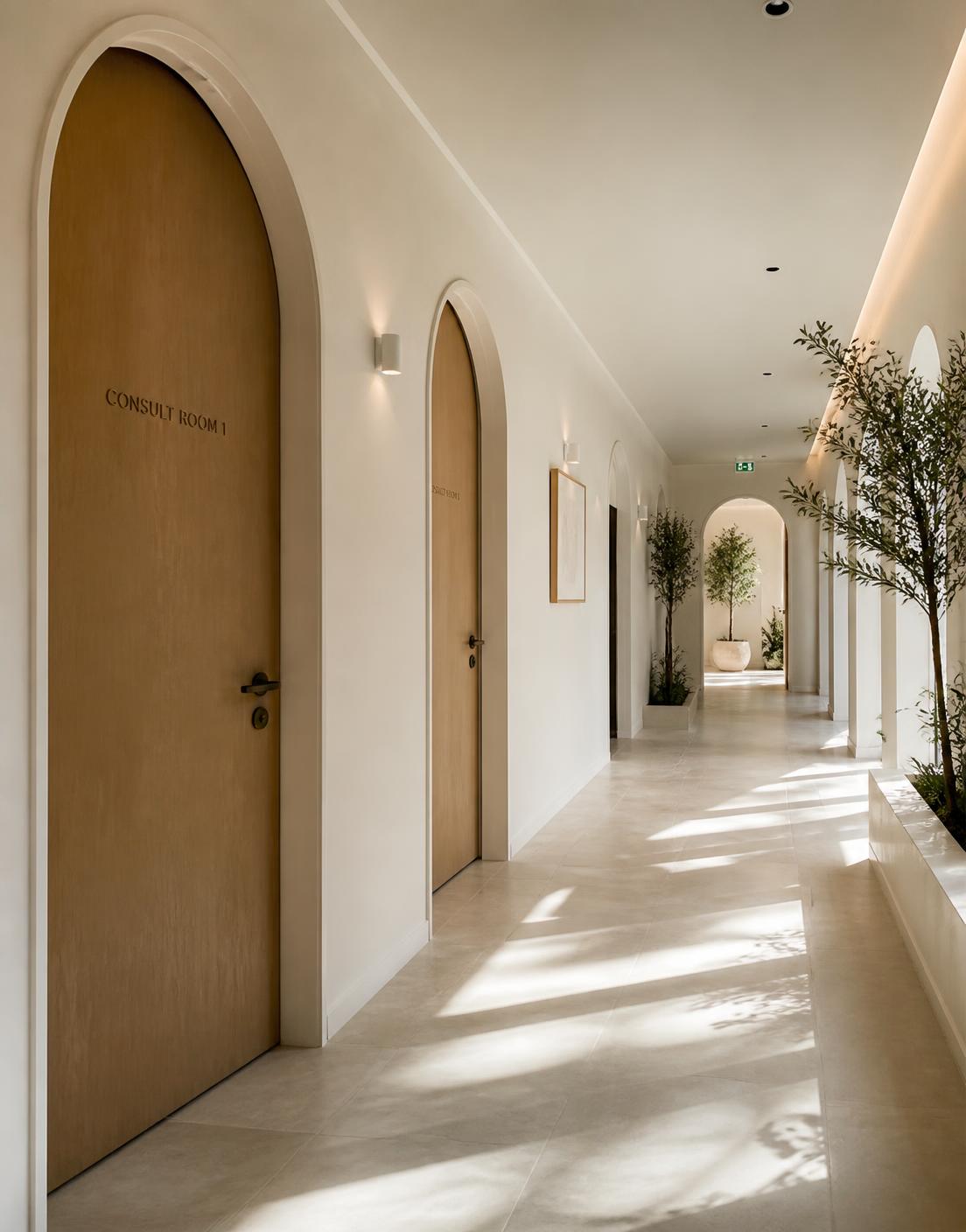 Corredor da clínica com portas em arco, paredes off-white e vegetação