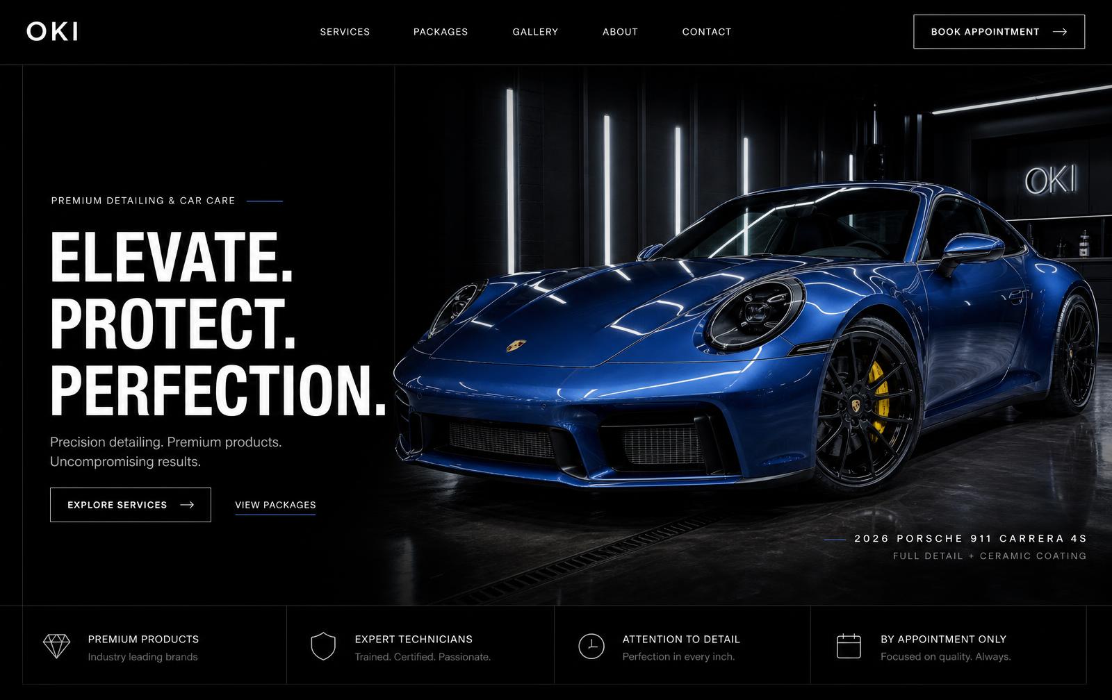 Interface da landing page conceitual OKI Automotive em tela ampla, com fundo preto e carro premium