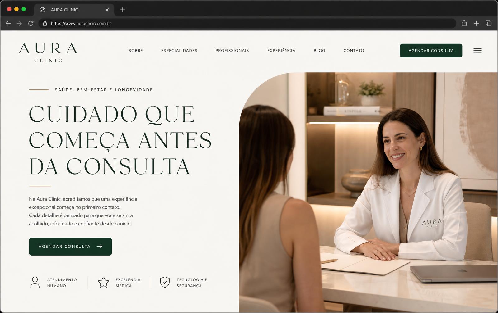 Interface da landing page conceitual da Aura Clinic em desktop, com hero, menu e chamada para agendamento