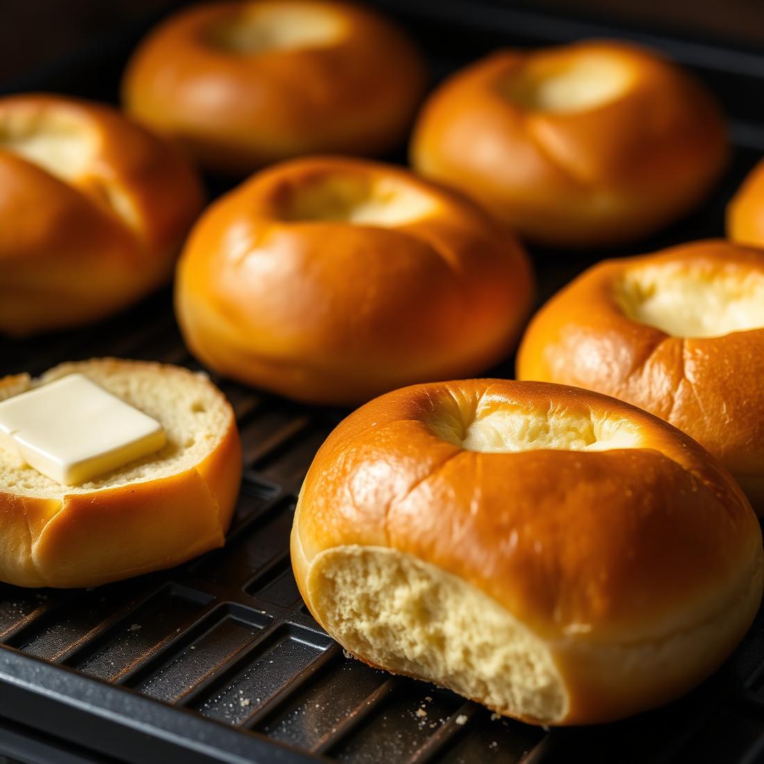 Pães brioche tostando na chapa