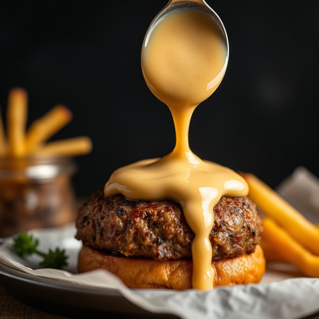 Molho da casa sendo aplicado no burger
