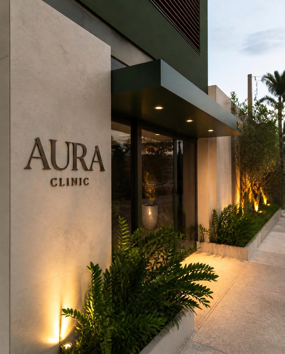 Fachada elegante da clínica conceitual Aura Clinic ao entardecer, com pedra clara, vegetação e iluminação suave