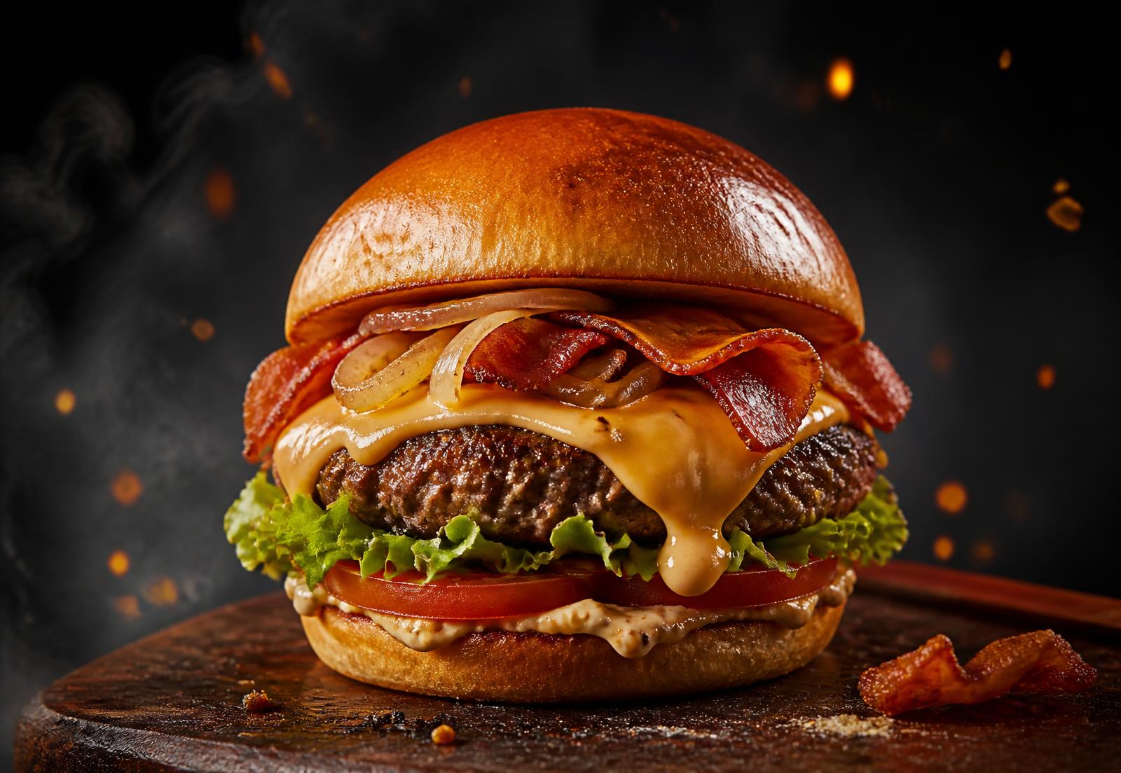 Hambúrguer artesanal do Brasa 77 com queijo derretendo e bacon crocante