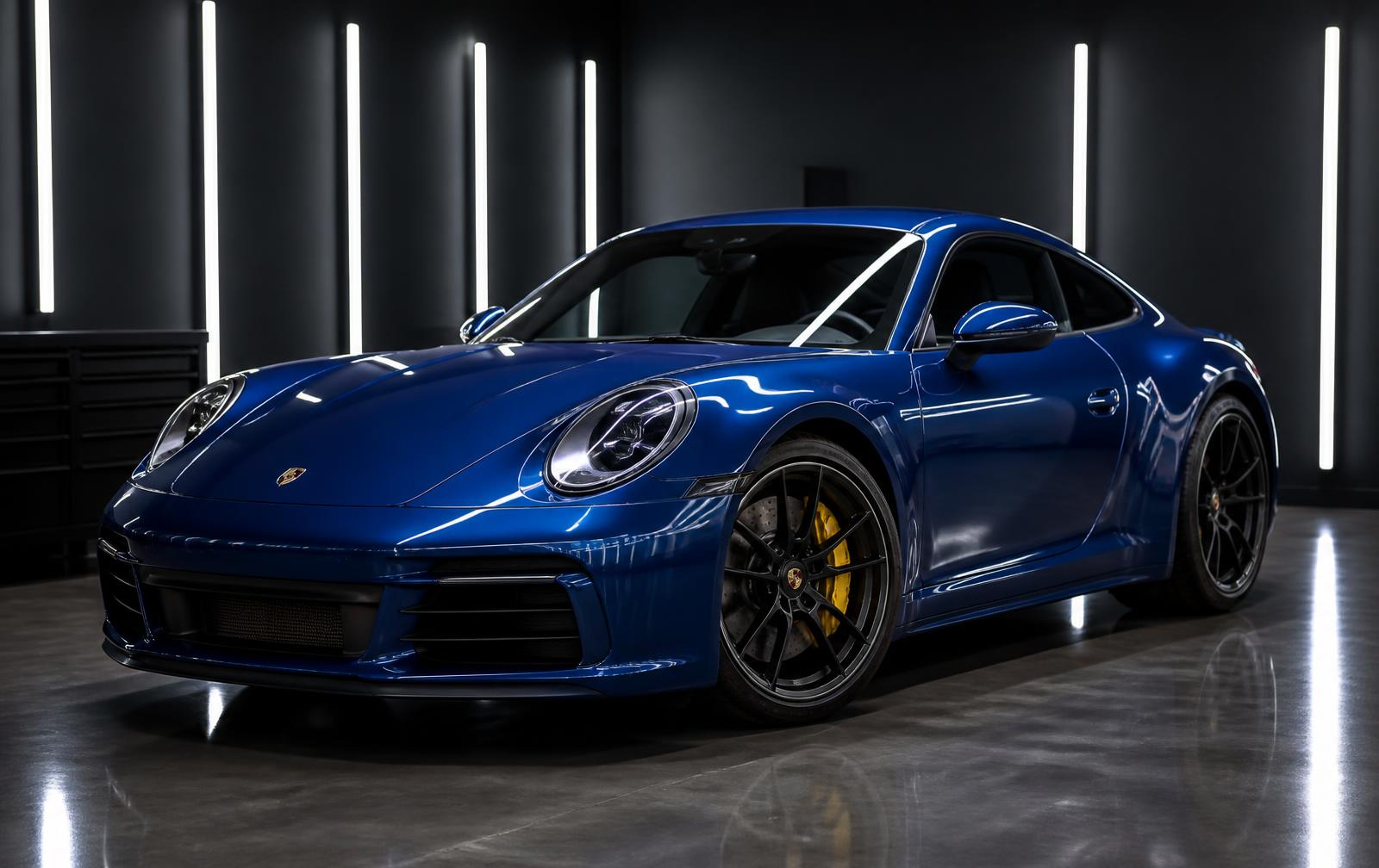 Porsche azul dentro de um estúdio de estética automotiva premium, com pinças de freio amarelas e identidade OKI no ambiente