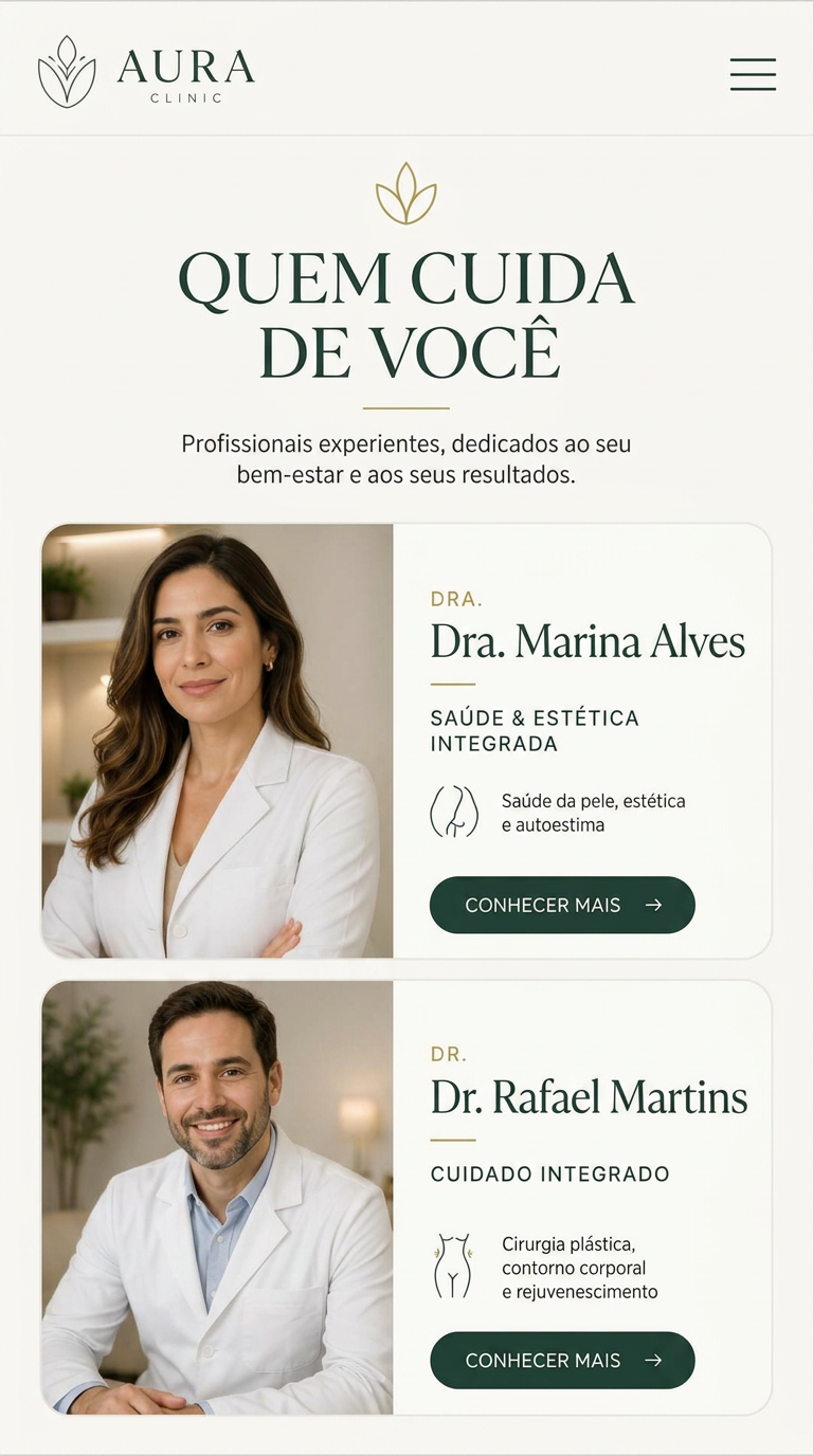 Tela mobile com os profissionais da Aura Clinic
