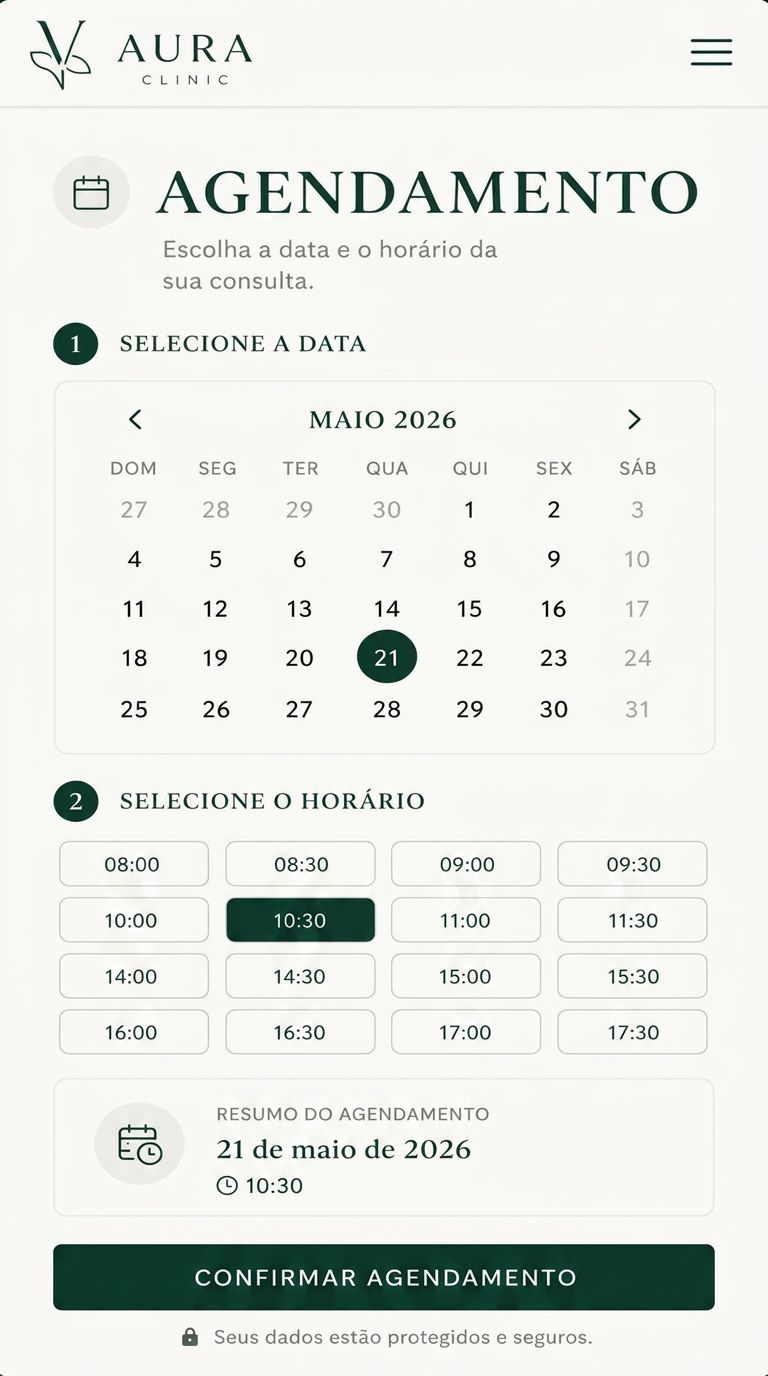 Tela mobile de agendamento da Aura Clinic