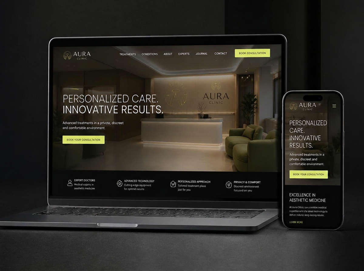 Mockup do site Aura Clinic de clínica premium em notebook e celular