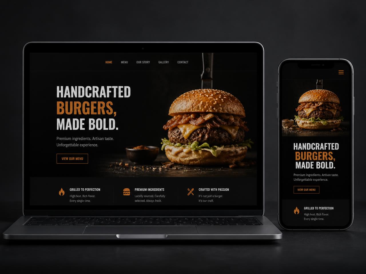 Hambúrguer artesanal premium do Brasa 77 Burger com pão brioche, carne suculenta e queijo derretido em fundo escuro