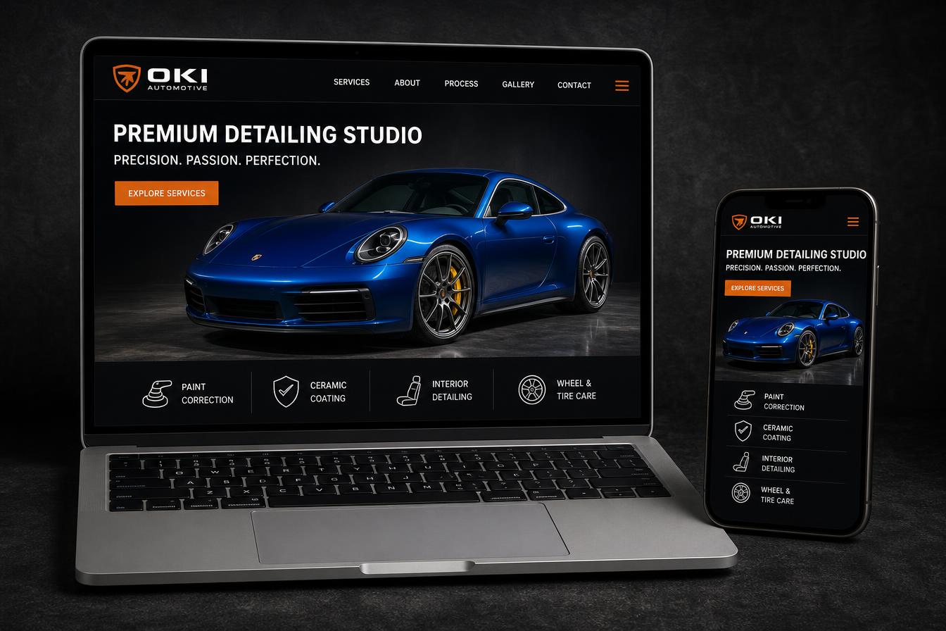 Mockup do site Oki Automotive de estética automotiva em notebook e celular