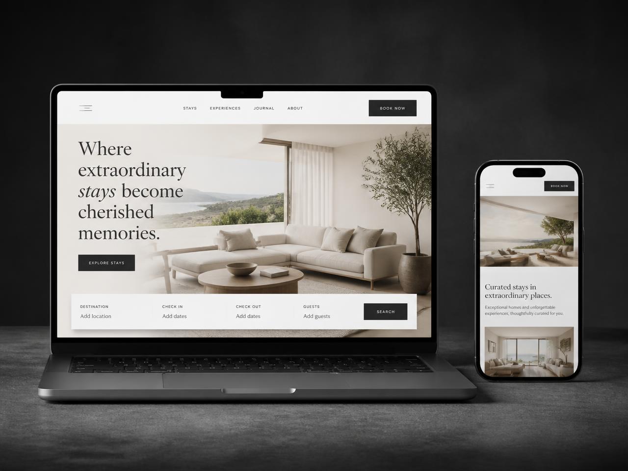 Mockup do site StayHouse de hospedagens em notebook e celular