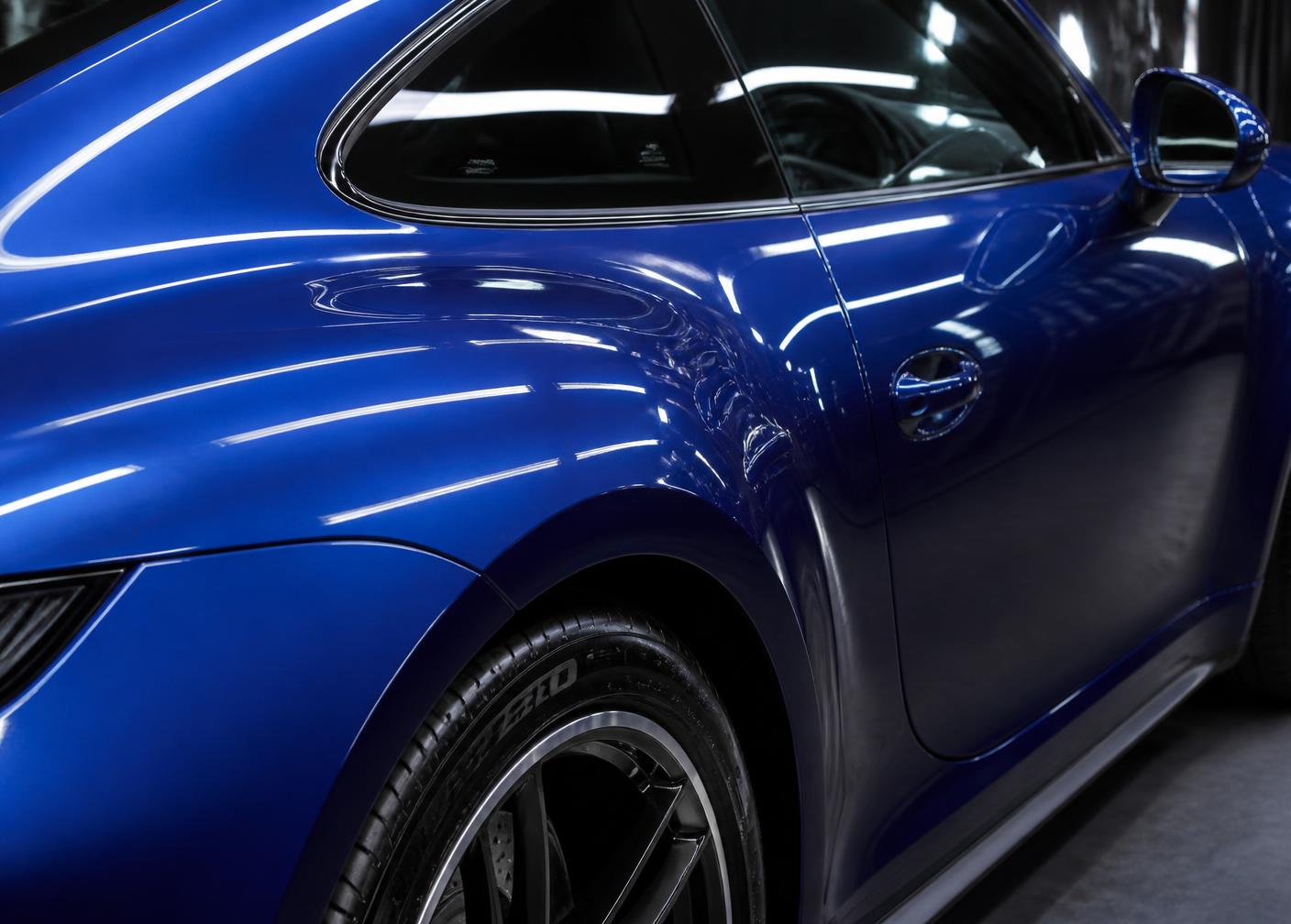 Close da pintura automotiva escura com reflexos de luz definidos