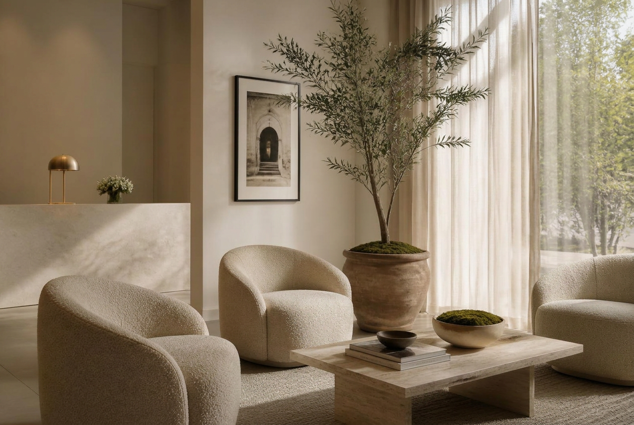Área de espera com poltronas bege, mesa de travertino e oliveira junto à janela